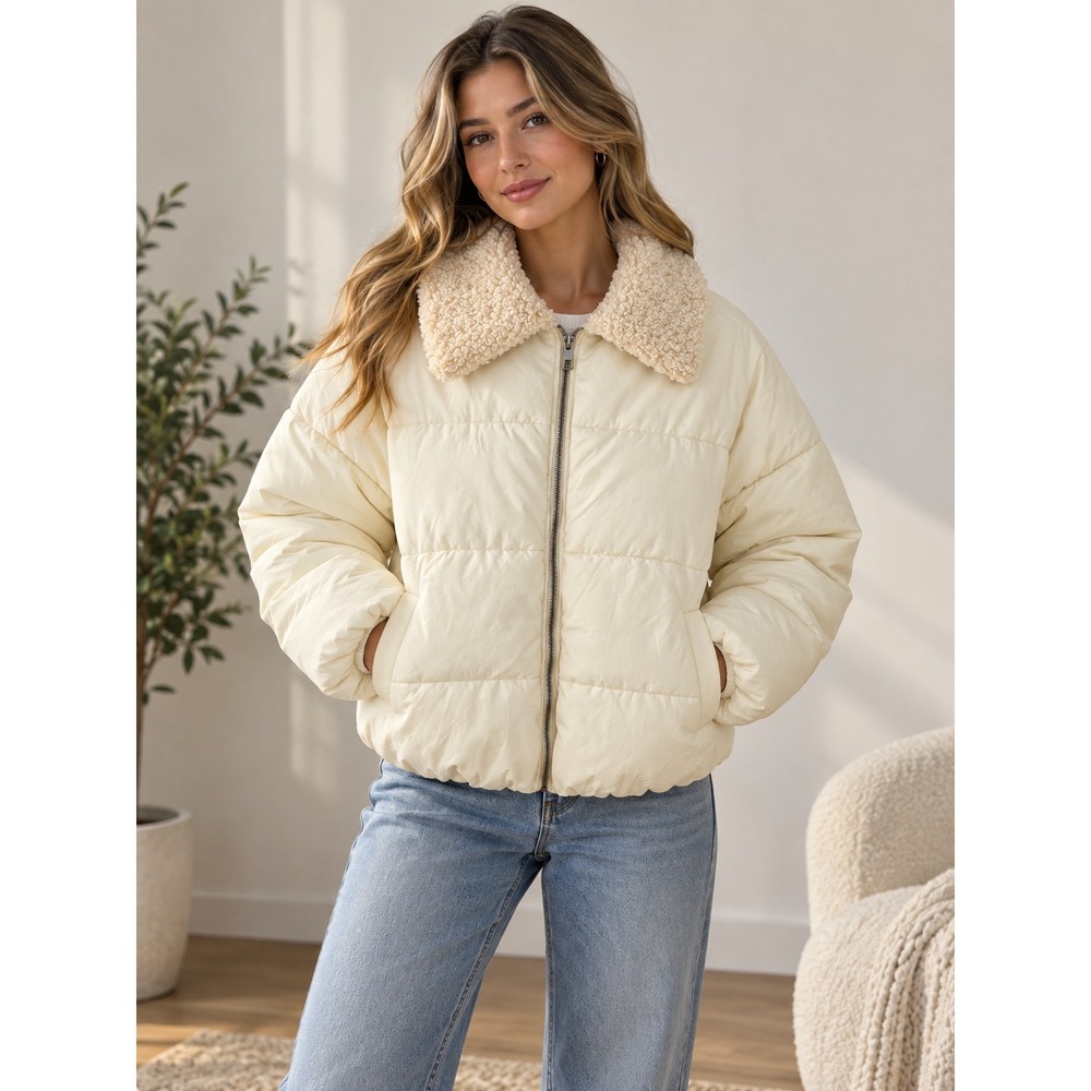 Urban Outfitters Ivory Puffer Jacket Large Faux Fur Sherpa Collar Boxy Y2K